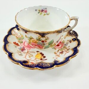 DRESDEN SPRAYS PORCELAIN TEACUP CUP & SAUCER SET, COBALT BLUE, GOLD, FLOWER, VTG